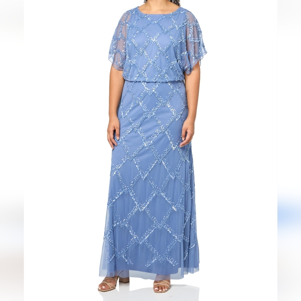 New $249 Adrianna Papell Hand-Beaded Blouson Long Gown With Flutter Slee…